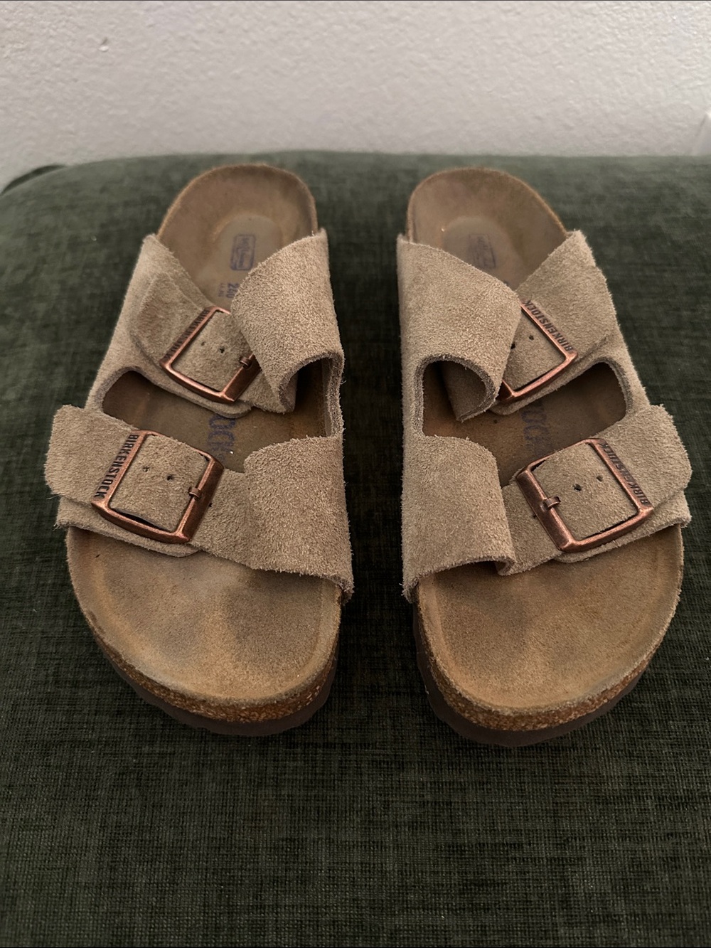 Birkenstock Two-Buckle Suede Slides in Taupe